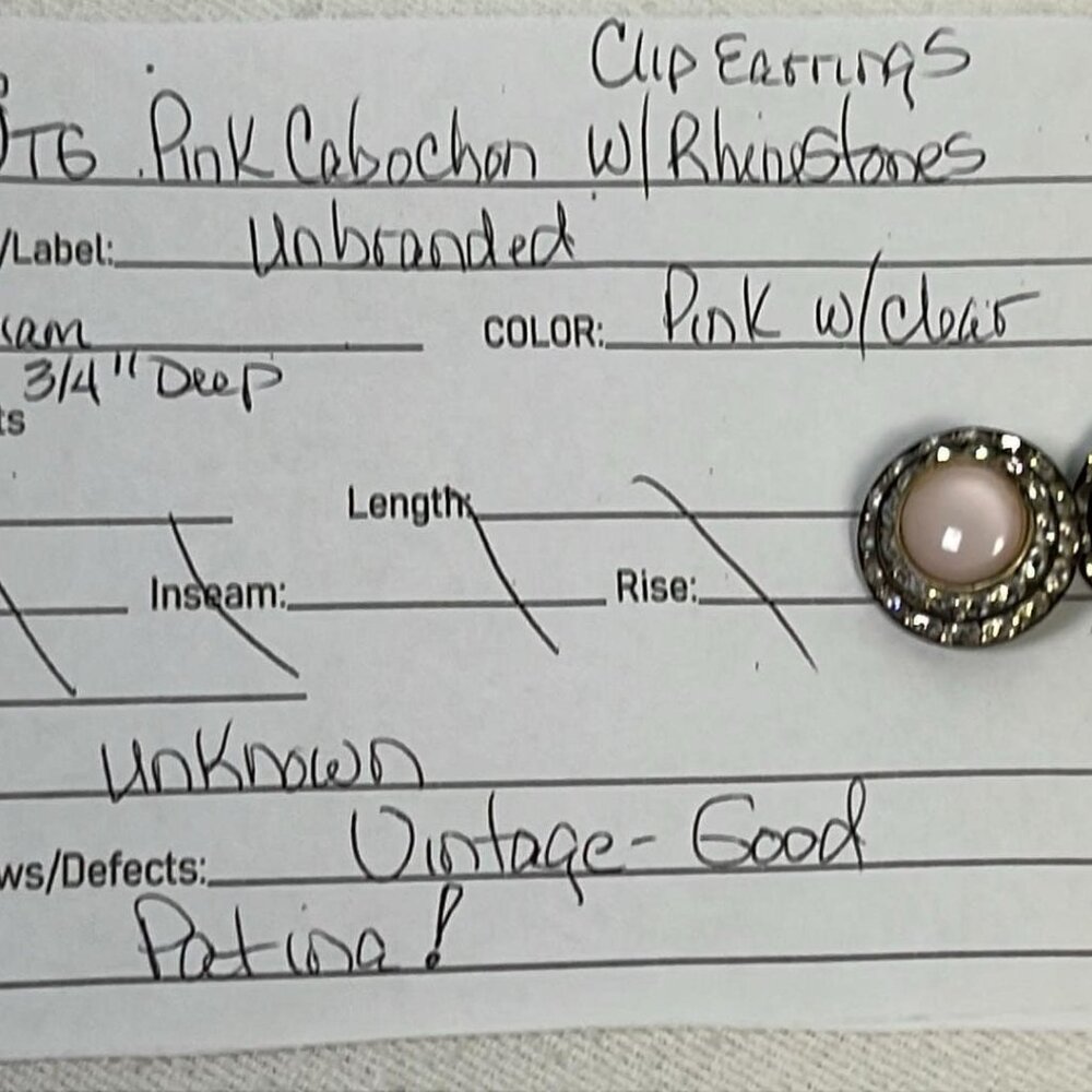 Vintage‎ Pink Cabochon Clip On Earrings w/ Rhinestones MCM Jackie O Style Subtle View 2
